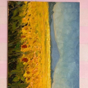 Original italienische Landschaftsölgemälde, impressionistische Sonnenblumenfeldkunst, Toskana Landschaftswandkunst, Feld der Sonnenblumenkunst Bild 2