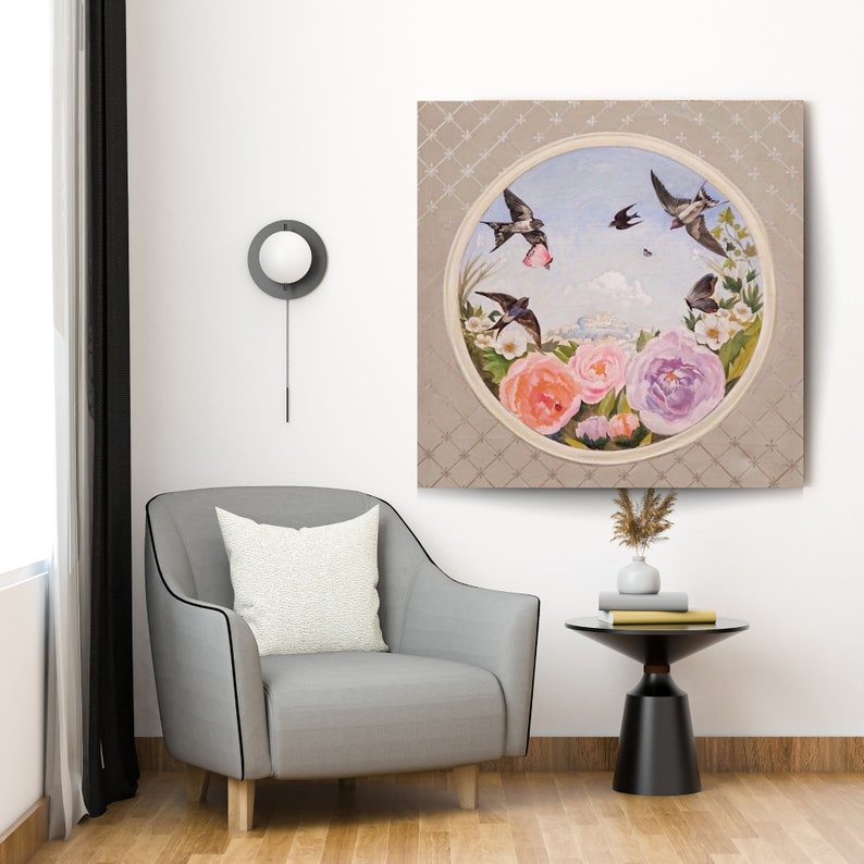 Original Flowers, Birds, Butterfly and Italian Hillside Town Acrylic Painting, Romantic Wall Art, Umbria Painting, Italy Lover Gift image 2