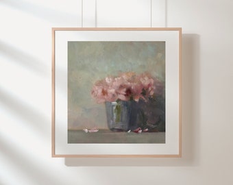 Original pink flowers still life oil painting, impressionist floral painting, flowers in glass, minimalist wall art