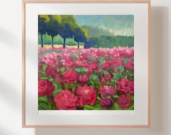 Original Pink Peonies Flower Field Oil Painting, Abstract Flower Art, Field of Flowers Wall Decor, Peony Contemporary Art