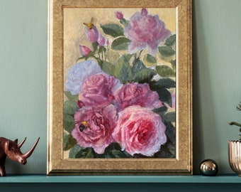 Original Pink Roses Impressionist Flower Oil Painting Contemporary Cottage Home Decor, Rose Garden Painting, Rose Lover Gift