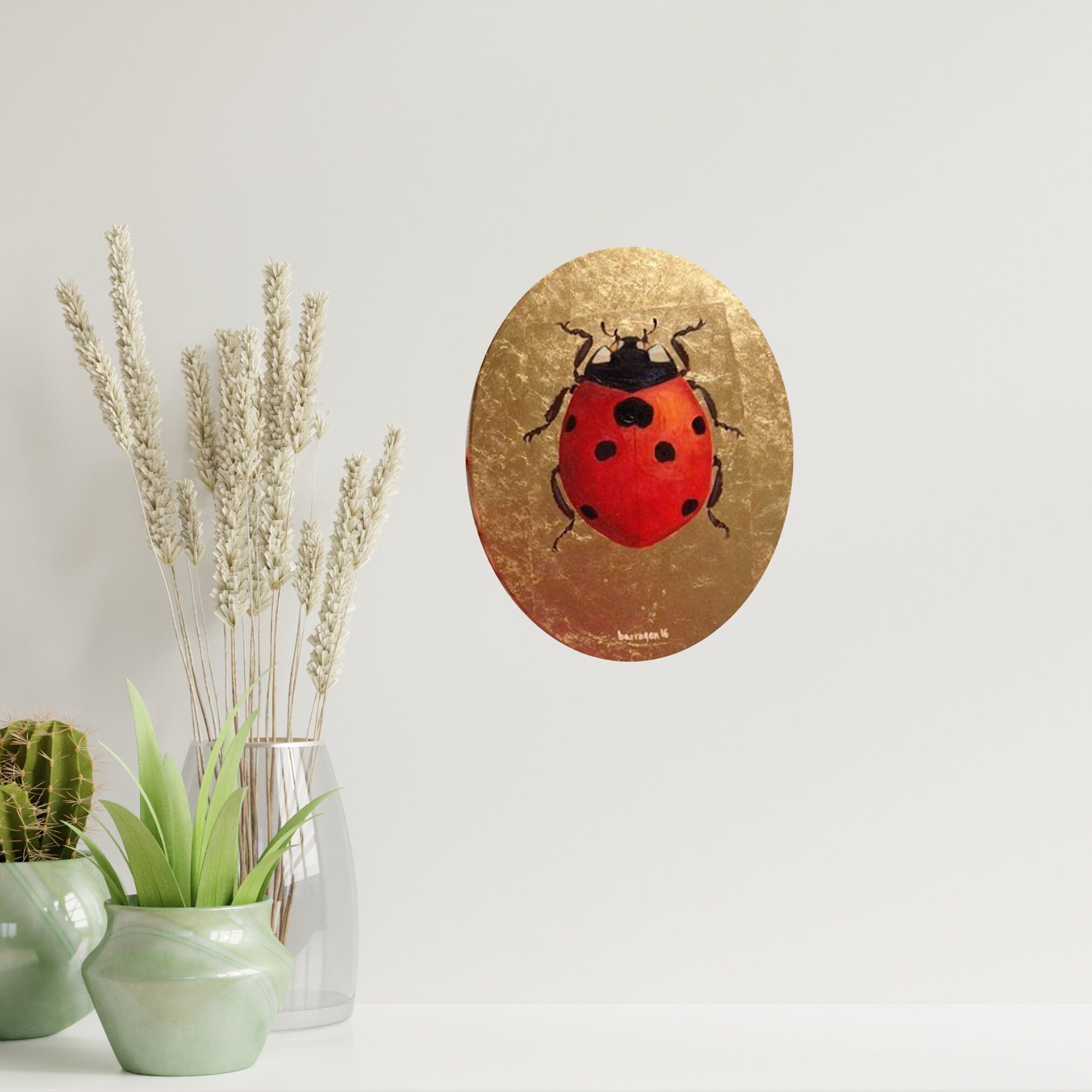 Golden Ladybug Original Oil Painting, Golden Canvas Painting, Red ...