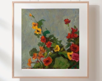 Original Orange and Yellow Nasturtium Impressionist Flower Oil Painting, Abstract Floral Art, Flower Wall Art on Canvas