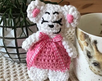 Crochet ragdoll bear in pink and white