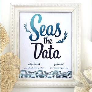 May include: A framed print with the words "Seas the Data" in a blue and black script. The print includes space to write a wifi network name and password, with a wave design at the bottom. The frame is white.