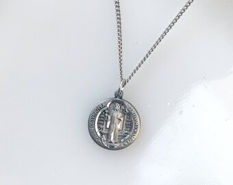 Saint Benedict Medal Necklace, Pewter Dainty Minimalist Catholic Jewelry Catholic Gift for Teen, Wedding, Graduation, Confirmation