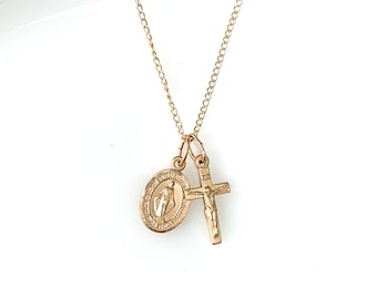 Petite Miraculous Medal and Crucifix Layered Necklace 14kt Gold Filled Dainty Minimalist Catholic Jewelry Catholic Gift for Her