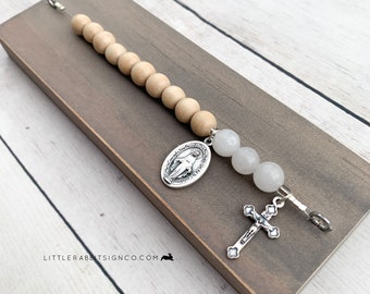 Deluxe Desk Chaplet, Weathered Gray Natural Wooden and Opaque White Glass Beads Catholic Rosary Chaplet Gift for Dad Catholic Man Gift #010