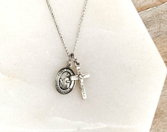 Petite Saint Dymphna and Crucifix Layered Necklace Dainty Minimalist Catholic Jewelry Catholic Gift for Her Confirmation Gift Mental Health