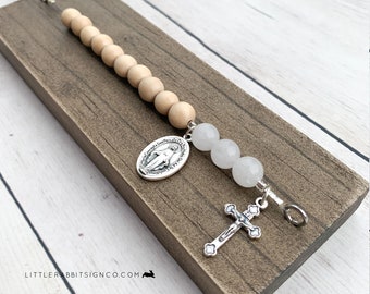 Deluxe Desk Chaplet, Stained with Natural Wooden and Opaque White Glass Beads Catholic Rosary Chaplet Gift for Dad Catholic Man Gift #011