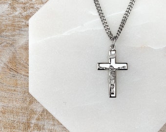 Men's High Polished Crucifix Necklace in Sterling Silver Religious Jewelry for Catholic Dad Gift for Father's Day Confirmation Gift for Him