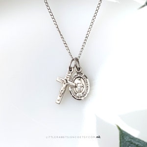 Petite Miraculous Medal and Crucifix Layered Necklace Sterling Silver Dainty Minimalist Catholic Jewelry Catholic Gift for Her