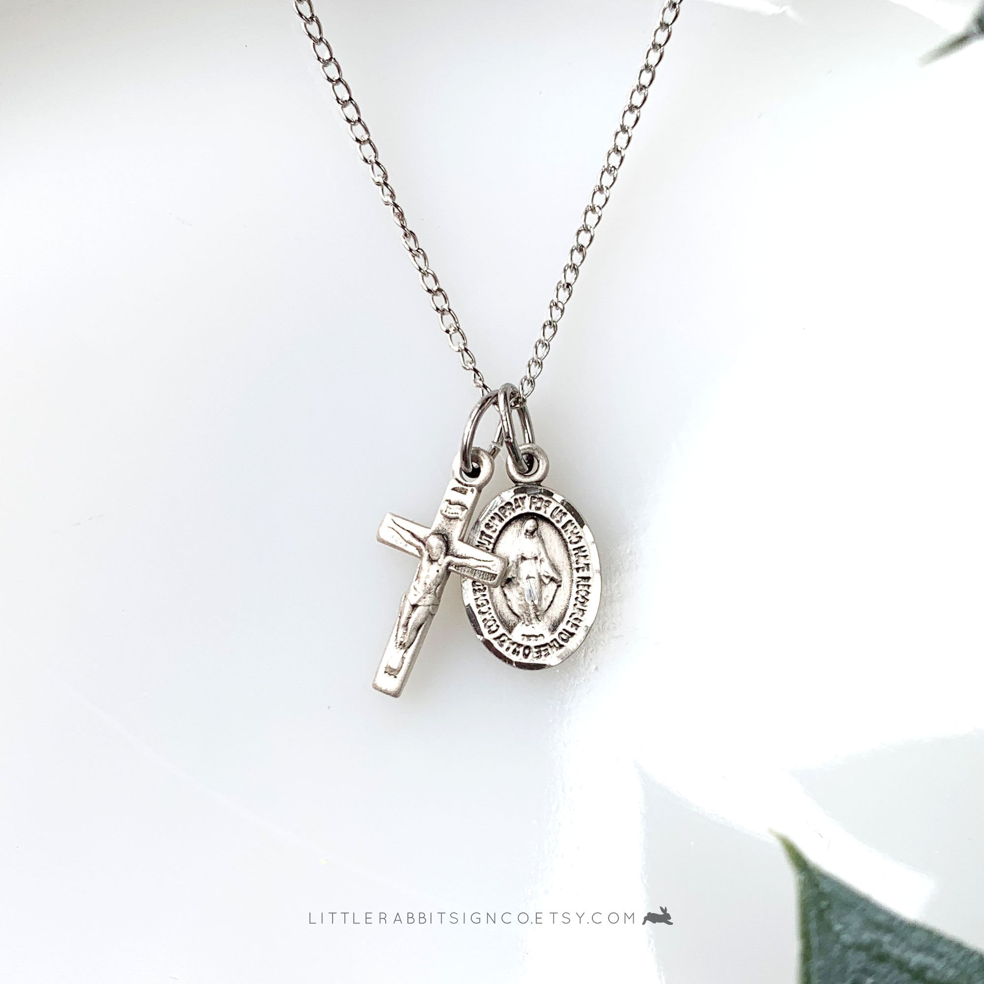 Petite Miraculous Medal and Crucifix Layered Necklace Sterling Silver Dainty Minimalist Catholic Jewelry Catholic Gift for Her