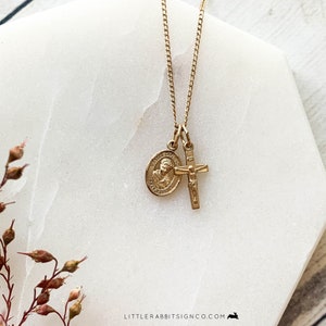 Petite Saint Carlo Acutis Medal and Crucifix Layered Necklace 14kt Gold Filled Dainty Minimalist Catholic Jewelry Catholic Gift for Her