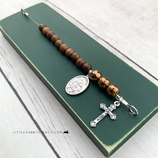 Deluxe Saint Joseph Desk Chaplet, Dark Green with Wood and Hammered Copper Beads Catholic Rosary Chaplet Gift for Dad Priest Gift #021