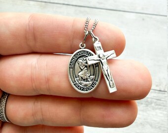Sterling Silver Saint Christopher Medal Necklace with Crucifix | Catholic Gift | Patron Saint of Travelers | Handmade USA