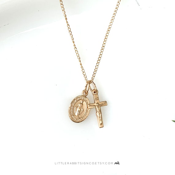 Petite Miraculous Medal and Crucifix Layered Necklace 14kt Gold Filled Dainty Minimalist Catholic Jewelry