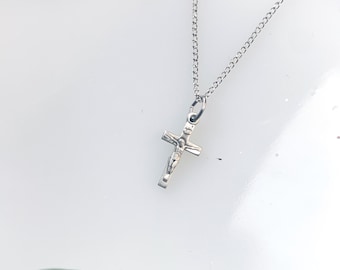 Dainty Crucifix Necklace in Sterling Silver Petite Minimalist Catholic Cross Necklace for Layering Jewelry Gift for Her Confirmation Gift