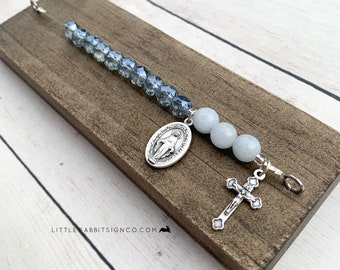 Deluxe Desk Chaplet, Blue Shimmer Crystals & Opaque Blue Pearls Catholic Rosary Chaplet Gift for Her, Catholic Mom Gift #006
