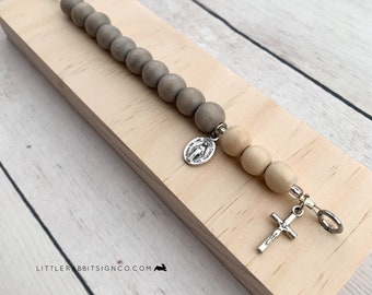 Deluxe Desk Chaplet,  Natural with Light Gray Wooden and Natural Beads Catholic Rosary Chaplet Gift for Dad Catholic Man Gift #008