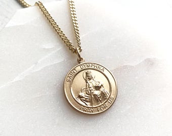 Collar con medalla de Santa Dymphna para hombre, oro de 14 kt, joyería religiosa, católico, papá, Día del Padre, santo patrón de la salud mental, la ansiedad y la depresión.