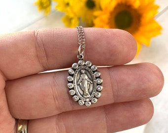 Miraculous Medal Necklace with Crystal Border Catholic Gift for Mom Mother's Day Minimalist Jewelry for Her Confirmation Baptism RCIA Gift