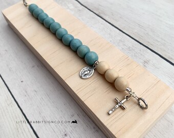 Deluxe Desk Chaplet,  Natural with Light Blue Wooden and Natural Beads Catholic Rosary Chaplet Gift for Dad Catholic Man Gift #007