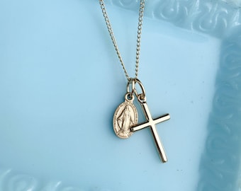 14kt Gold Filled Petite Miraculous Medal & Cross Necklace | Catholic Gift for Her