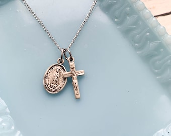 Petite Our Lady of Guadalupe and Crucifix Layered Necklace Sterling Silver Dainty Minimalist Catholic Jewelry Catholic Gift for Her