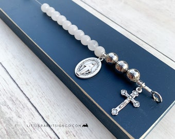 Deluxe Desk Chaplet, Navy Blue with Opaque White and Metallic Silver Beads Catholic Rosary Chaplet Gift for Dad Catholic Man Gift #022