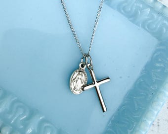 Sterling Silver Petite Miraculous Medal & Cross Necklace | Catholic Gift for Her
