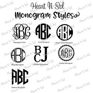 May include: A graphic showing different monogram styles, including monogram font, circle monogram, closed circle monogram, ring monogram, stacked monogram, scallop monogram, and beehive monogram.