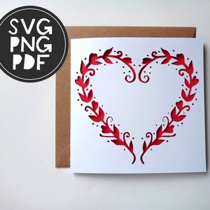 Archivo de corte digital SVG / PNG / PDF - Tarjeta de felicitación Leafy Heart Folk Art Pattern - imprimible