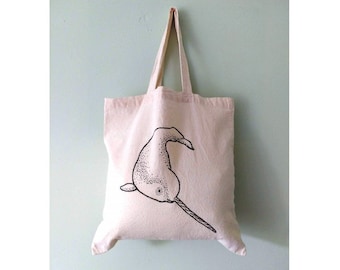 Cute Narwhal eco-friendly reusable tote bag - hand drawn handmade illustration - gift idea for animal lovers - charity donation