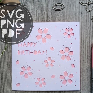 Fichier de découpe numérique SVG / PNG / PDF - Carte de vœux Cherry Blossom Happy Birthday - imprimable