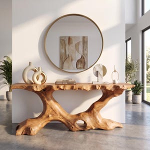 Console Table Solid Wood with Organic Tree Root Base for Entryway Decor