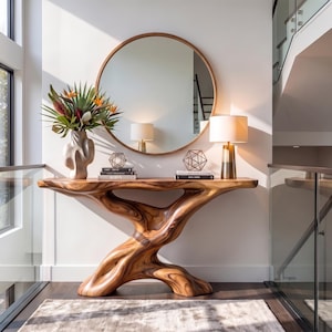 Console Table Solid Wood with Sculptural Tree Branch Base for Entryway Decor