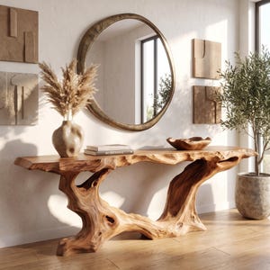May include: A console table crafted from a natural light brown tree trunk with a live edge top and a sculptural root base. The table holds a beige ceramic vase with dried pampas grass, two stacked books, and a wooden bowl on its surface.
