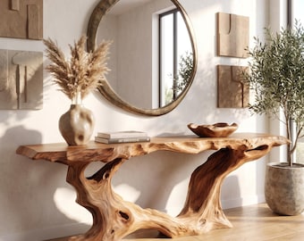 Mesa consola de madera maciza con base de raíz orgánica.