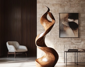 Escultura de madera maciza inspirada en las llamas para interiores contemporáneos.