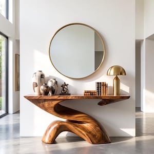 May include: A sculptural wooden console table with a fluid, wave-like base and a smooth top. On the table are three ceramic vases with abstract patterns, a small bronze-toned sculpture, a stack of five books, and a gold-toned mushroom-shaped lamp.