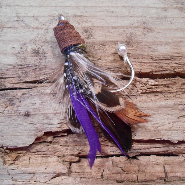 The BEAR HEAD LAKE Collection.Boutonniere Tie Fly Fishing ButtonHole Ely Bwca Pheasant Feather Wedding Groom Leather Camp Purple Leather Pin