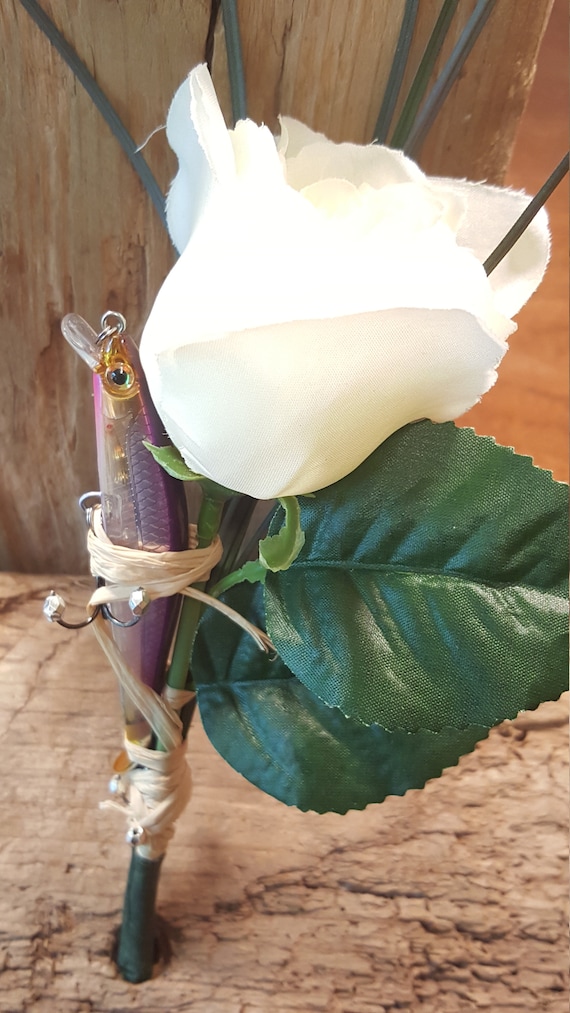 boutonniere with fishing lure - Wedding White Fishing Boutonnieres - KRISTYCLAIRE