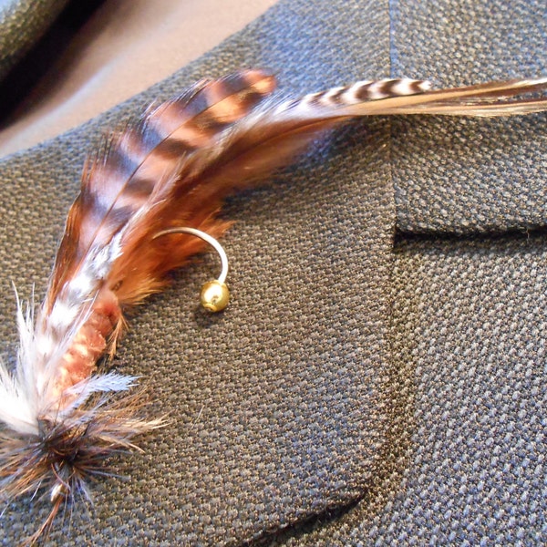 The GREAT GATSBY Collection.Tie Fly Boutonniere Wedding 1920 ButtonHole Fishing Gatsby Gold Stripe Pheasant Feather Great Lapel Men Gift Pin