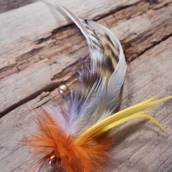 The LAKE ORION Collection.Tie Fly Boutonniere ButtonHole Fishing Wedding Gift Gold Gatsby Yellow Orange Ivory Men Pin Pheasant Feather 1920