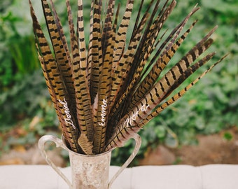 Ring Neck Pheasant Feathers.10.20 Inches Monogram Tie Fly Wedding Gift Center Floral Escort Set Calligraphy Fish Name Thanksgiving Him Decor