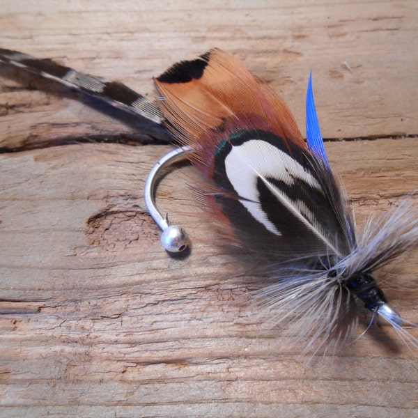 The BEAR RIDGE Collection.ButtonHole Fishing Boutonniere Wedding Tie Fly Mountain Lodge Cobalt Blue Pheasant Feather Hook Fall Royal Summer