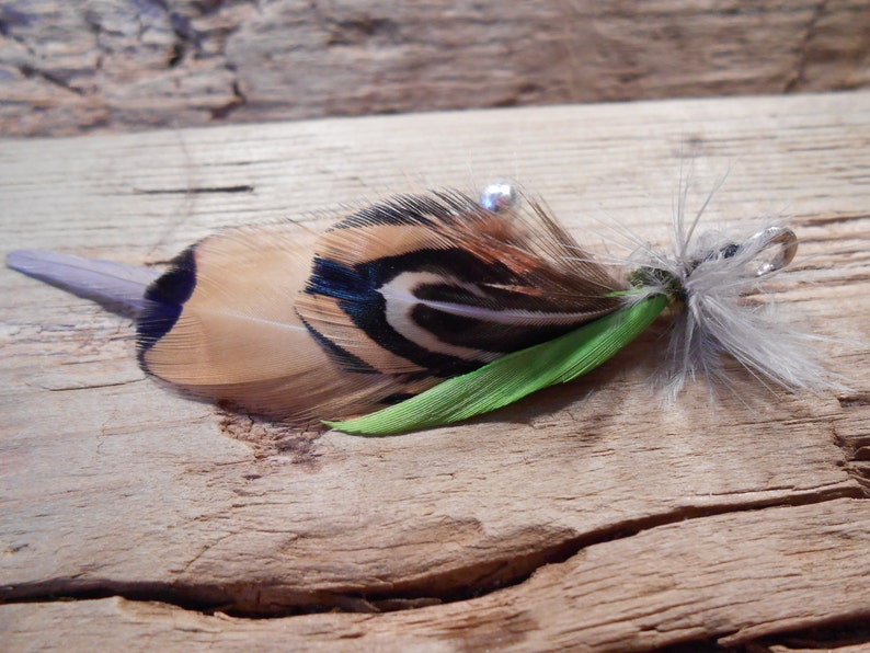 The DONEGAL BAY Collection.Boutonniere Tie Fly Downton Abbey Fly Fishing ButtonHole Pheasant Green Grey Irish Groom Wedding Feather Ireland image 2