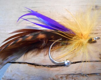 The VIKINGS Collection.Tie Fly Boutonniere Wedding ButtonHole Yellow 1920 Fish Pin Men Gift Pheasant Feather Purple Football Sport NFL Groom