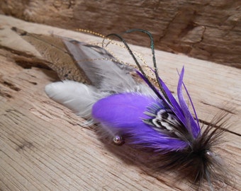 The KING LAKE Collection.Boutonniere Tie Fly Feather Fishing 1920s Pheasant ButtonHole Purple Gold Wedding Groom Peacock Lure Lapel Vikings